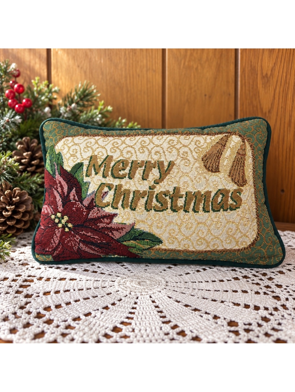 Vintage Christmas Tapestry Pillow Poinsettia Merry Christmas 12x7